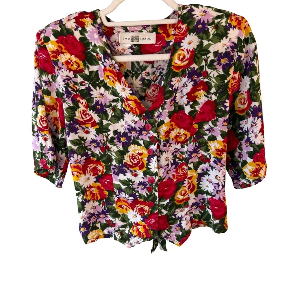 Two Roads Vintage Multicolour Floral Tie Back Blouse Size M Cottagecore Feminine